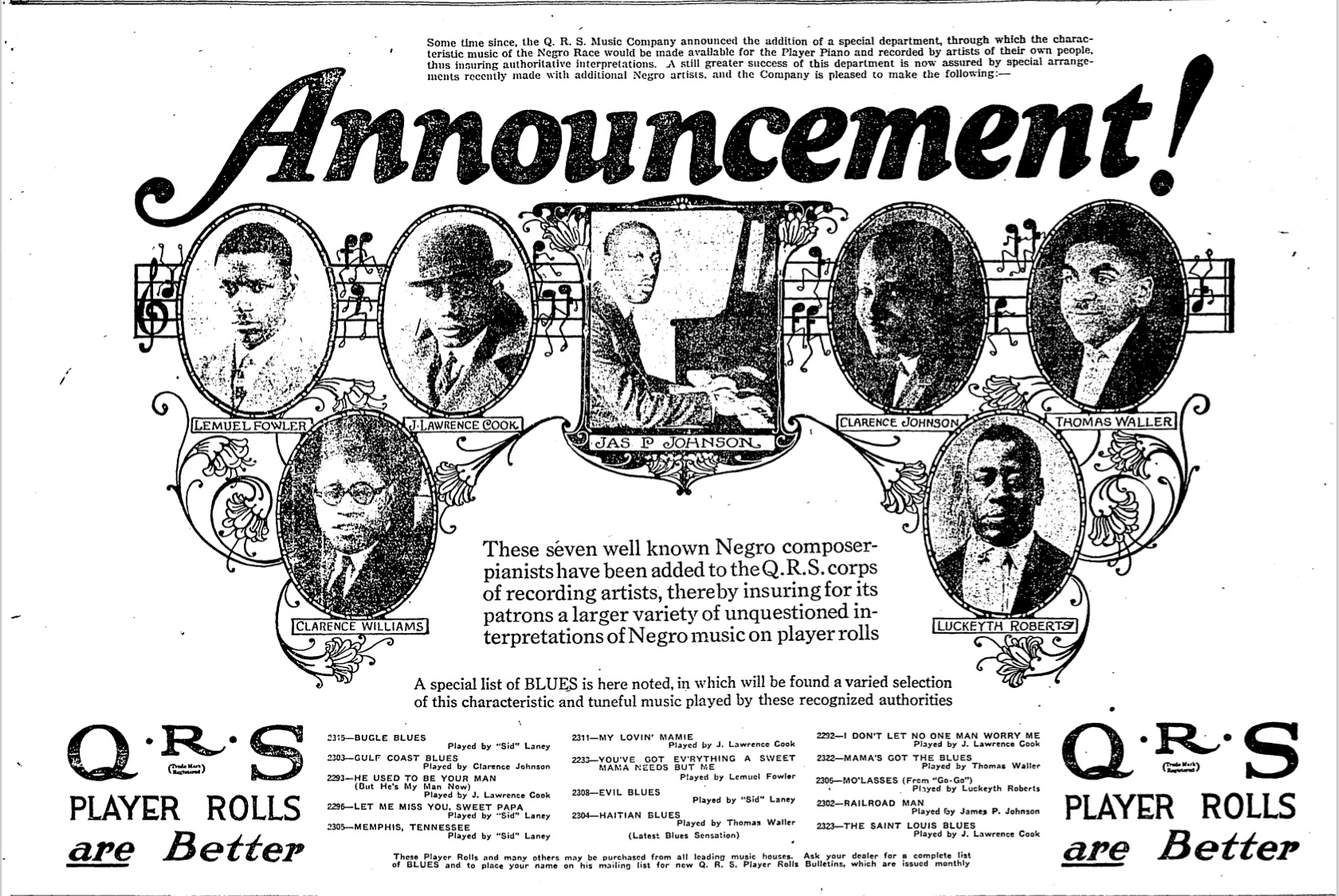 Attention! QRS display ad for African-American newspapers, summer 1923